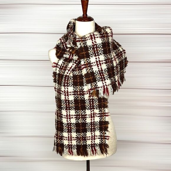 Wool Tartan Plaid Boucle Cream Brown Burgundy Scarf Unisex - Picture 5 of 8